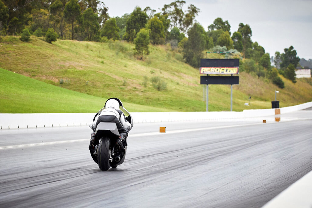 Elliott Andrews testing the Elliott Motorcycles LSR1 MKII land speed race bike at Sydney Dragway