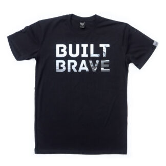 Elliott Motorcycles Built Brave t-shirt black with digital graphic and grey woven pip label on left sleeve